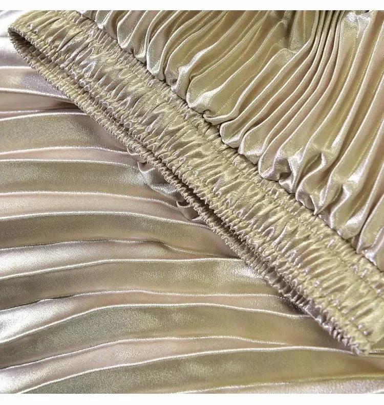 Classic Golden Velvet Pleated Skirt High Waist Retro Style Fashion Office Lady Pleated Long Skirt Winter Velvet Skirt 90cm Long