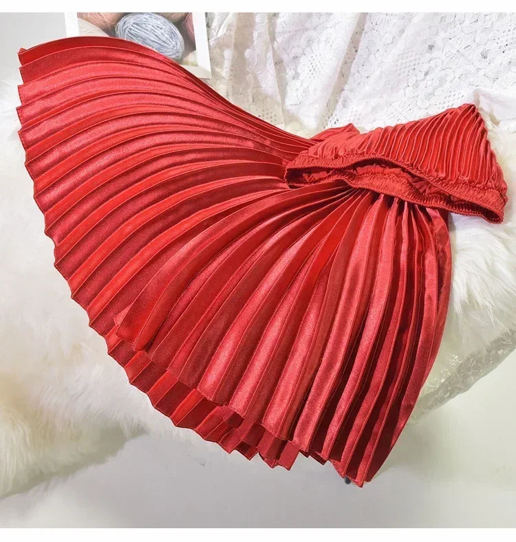 Classic Golden Velvet Pleated Skirt High Waist Retro Style Fashion Office Lady Pleated Long Skirt Winter Velvet Skirt 90cm Long