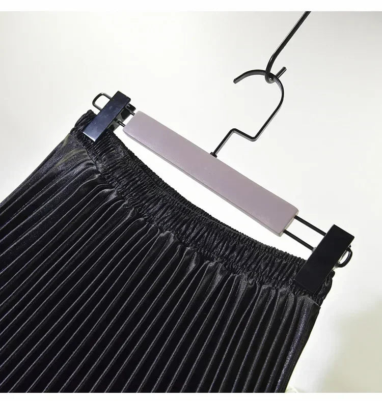 Classic Golden Velvet Pleated Skirt High Waist Retro Style Fashion Office Lady Pleated Long Skirt Winter Velvet Skirt 90cm Long
