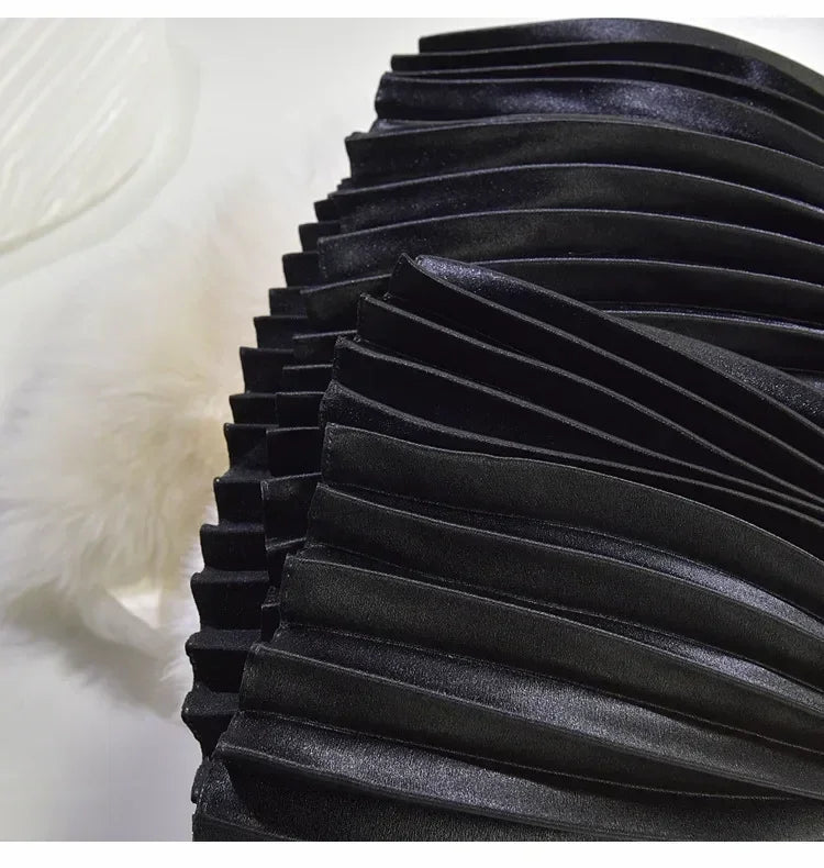 Classic Golden Velvet Pleated Skirt High Waist Retro Style Fashion Office Lady Pleated Long Skirt Winter Velvet Skirt 90cm Long