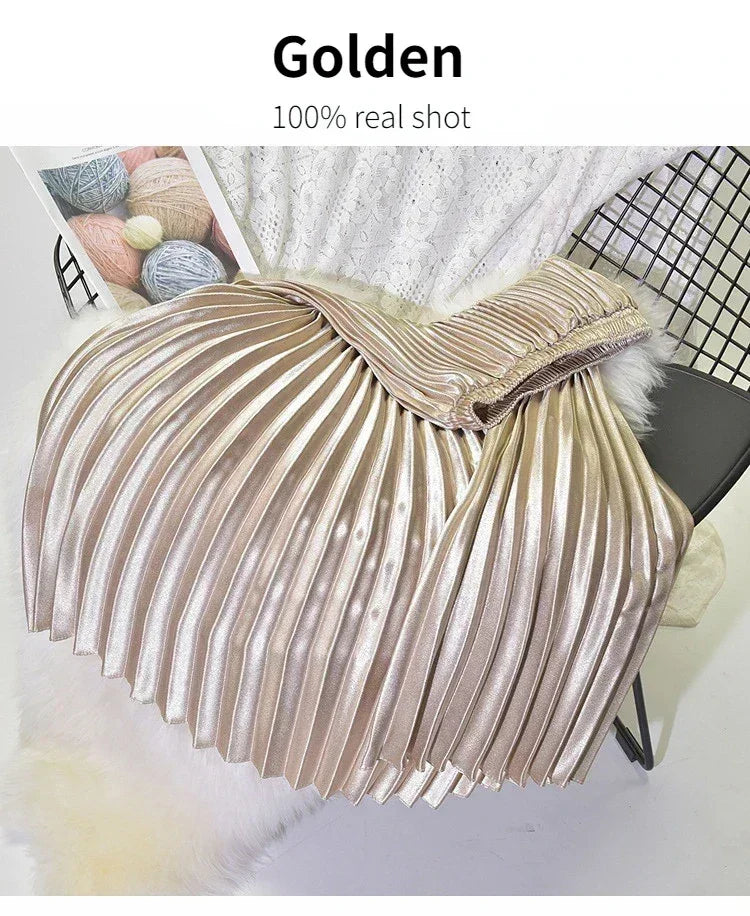 Classic Golden Velvet Pleated Skirt High Waist Retro Style Fashion Office Lady Pleated Long Skirt Winter Velvet Skirt 90cm Long