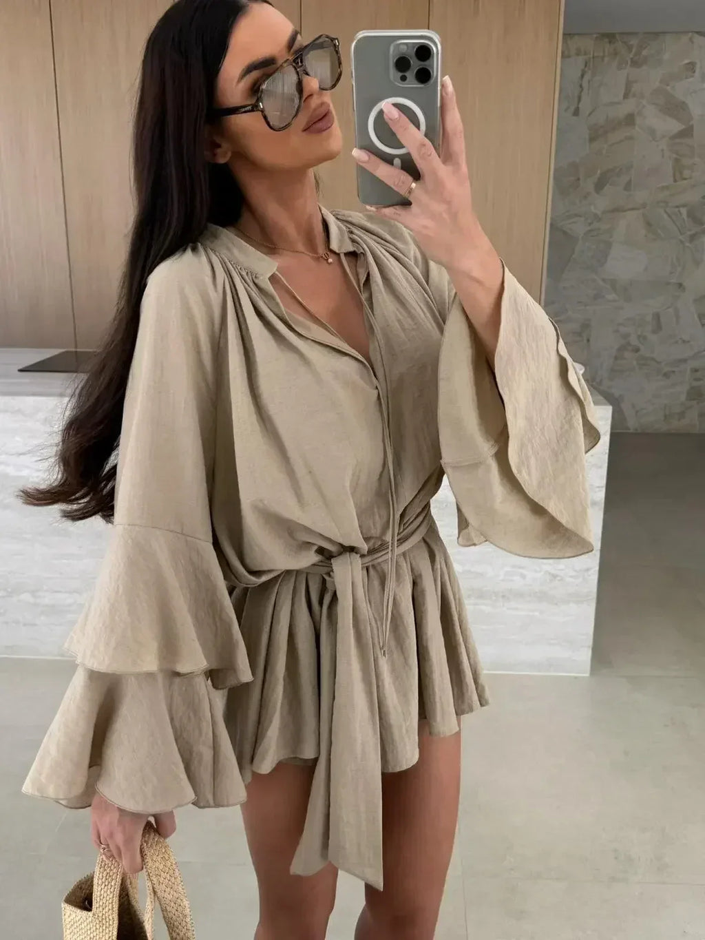 Elegant Fold Dress Women Brown Deep V-neck Long Sleeve Mini Dresses Female 2025 Spring Summer Fashion Loose Lady Vestidos