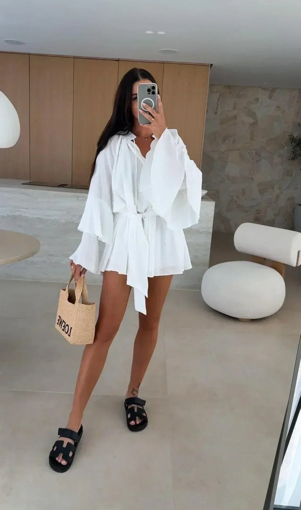 Elegant Fold Dress Women Brown Deep V-neck Long Sleeve Mini Dresses Female 2025 Spring Summer Fashion Loose Lady Vestidos