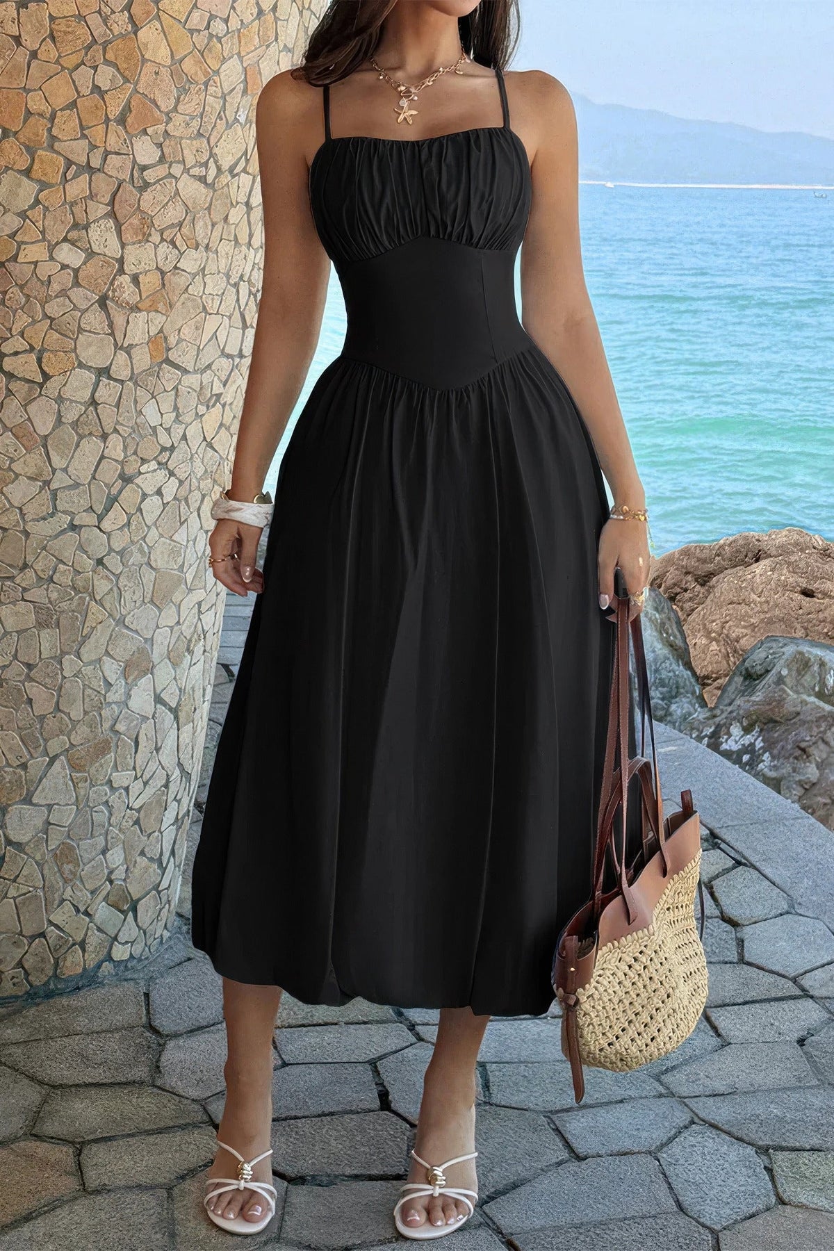 Solid Sleeveless Ruched Bust A Line Dress
