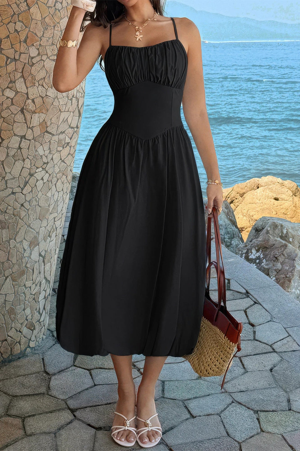Solid Sleeveless Ruched Bust A Line Dress