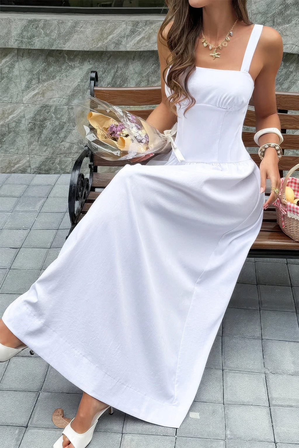 Square Neck A Line Sleeveless Flowy Long Dress