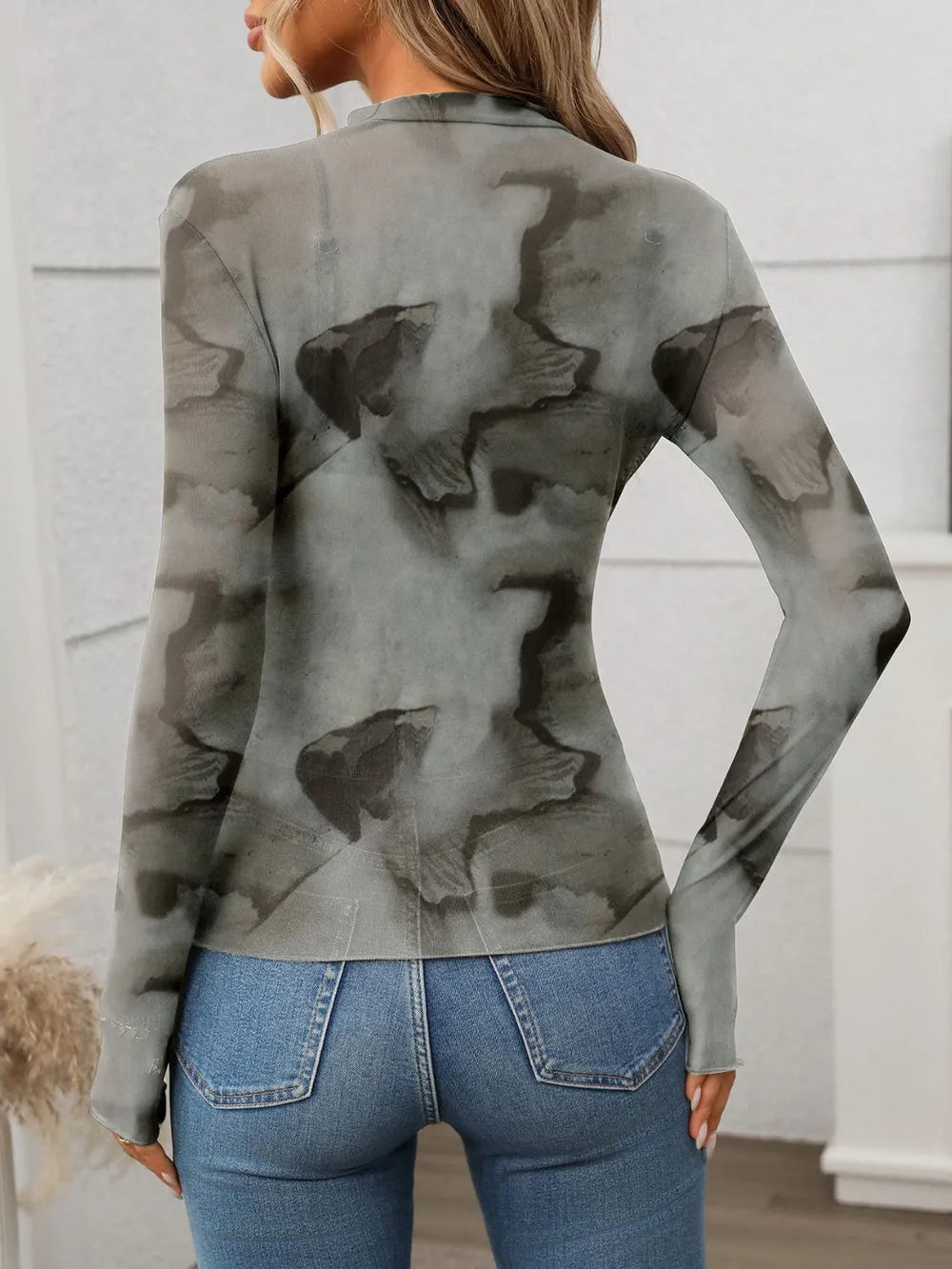 Printed Mock Neck Long Sleeve Mesh T-Shirt