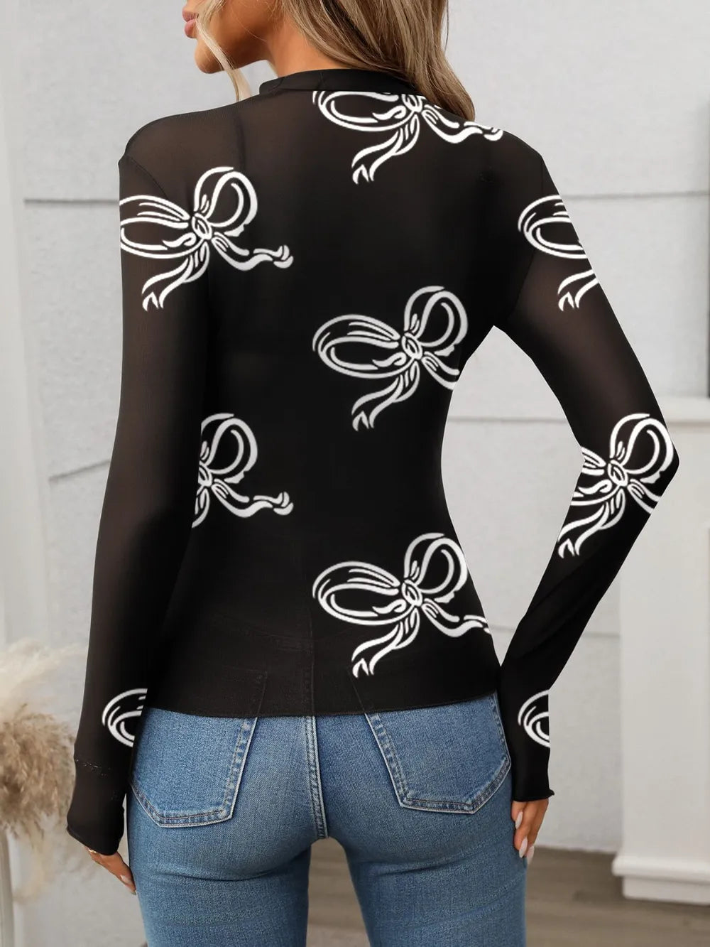Printed Mock Neck Long Sleeve Mesh T-Shirt