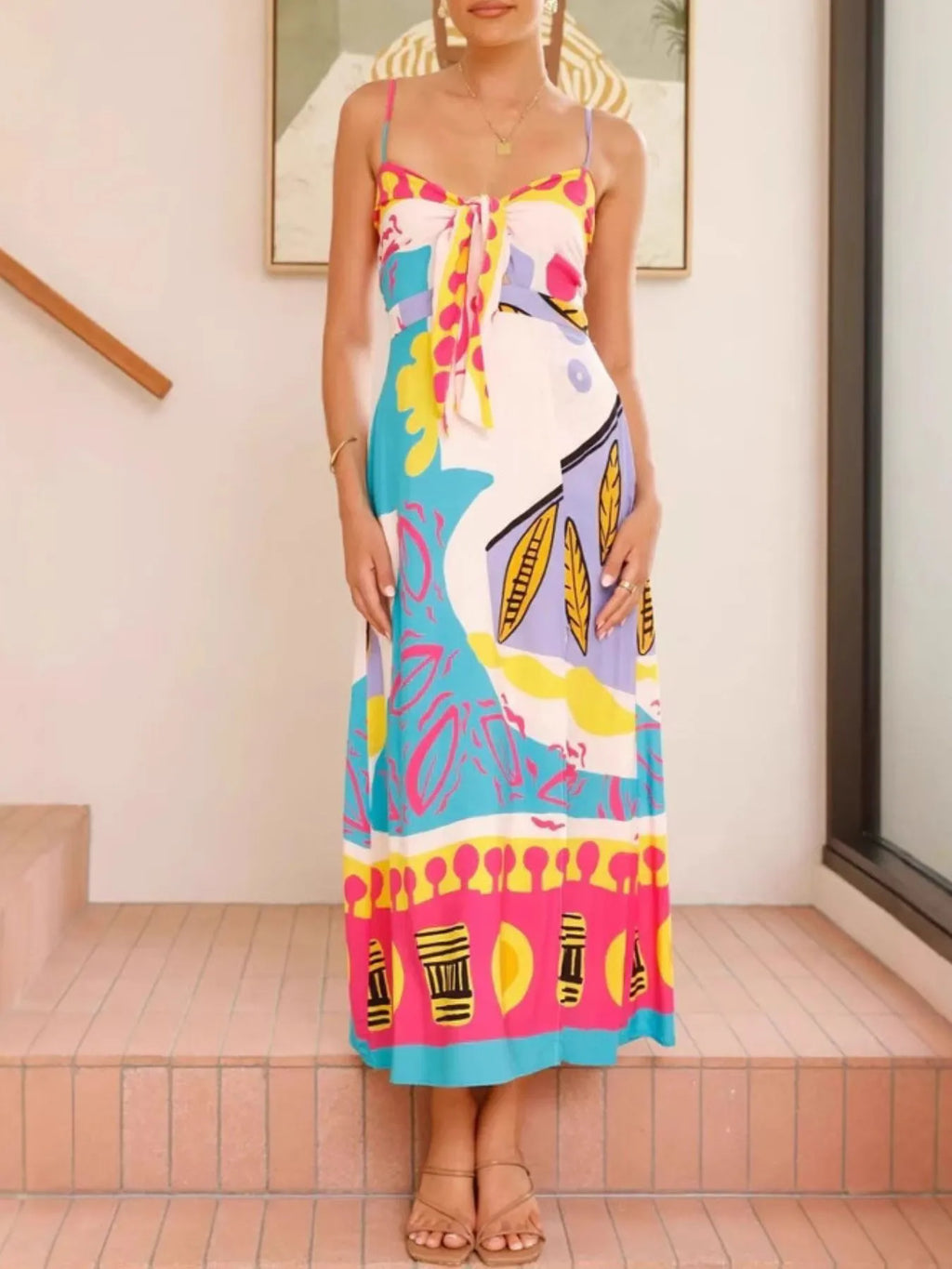 Tied Front Printed Slit Maxi Cami Dress