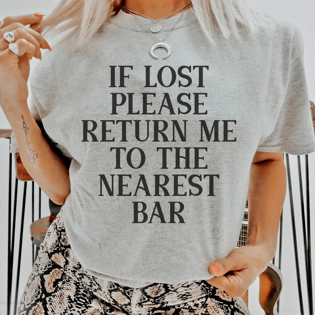 Girls' Night & Vacation Top – "If Lost Please Return To Bar" Graphic Tee