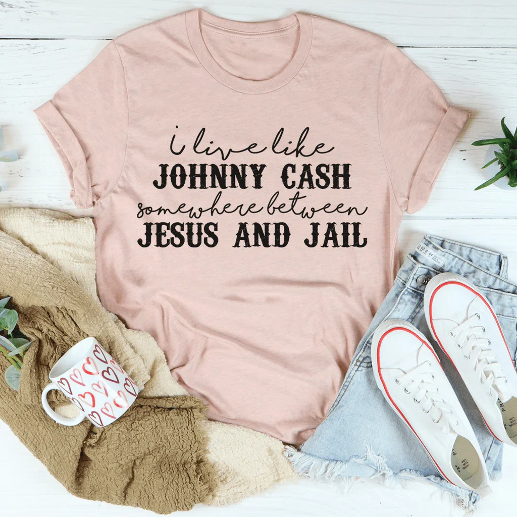 Faith Chaos Quote Shirt – "Somewhere Between Jesus & Jail" Graphic Shirt
